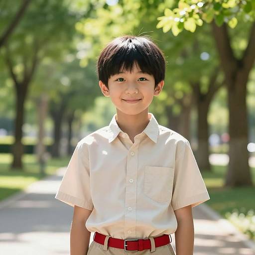 Boy in Sunny Park with Green Eyes