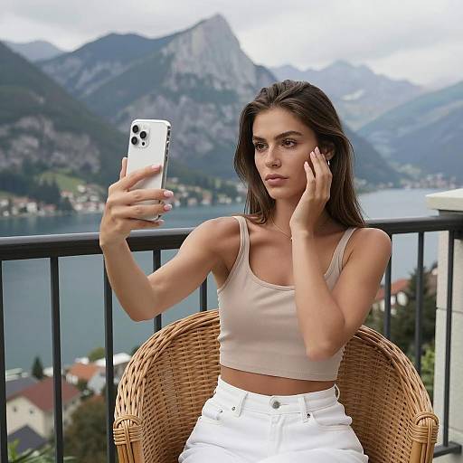 Woman Taking Selfie on Mountain Balcony