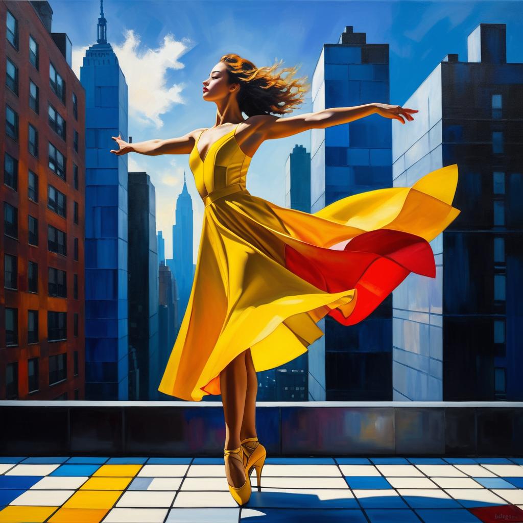 Vibrant Rooftop Dancer in Mondrian Style