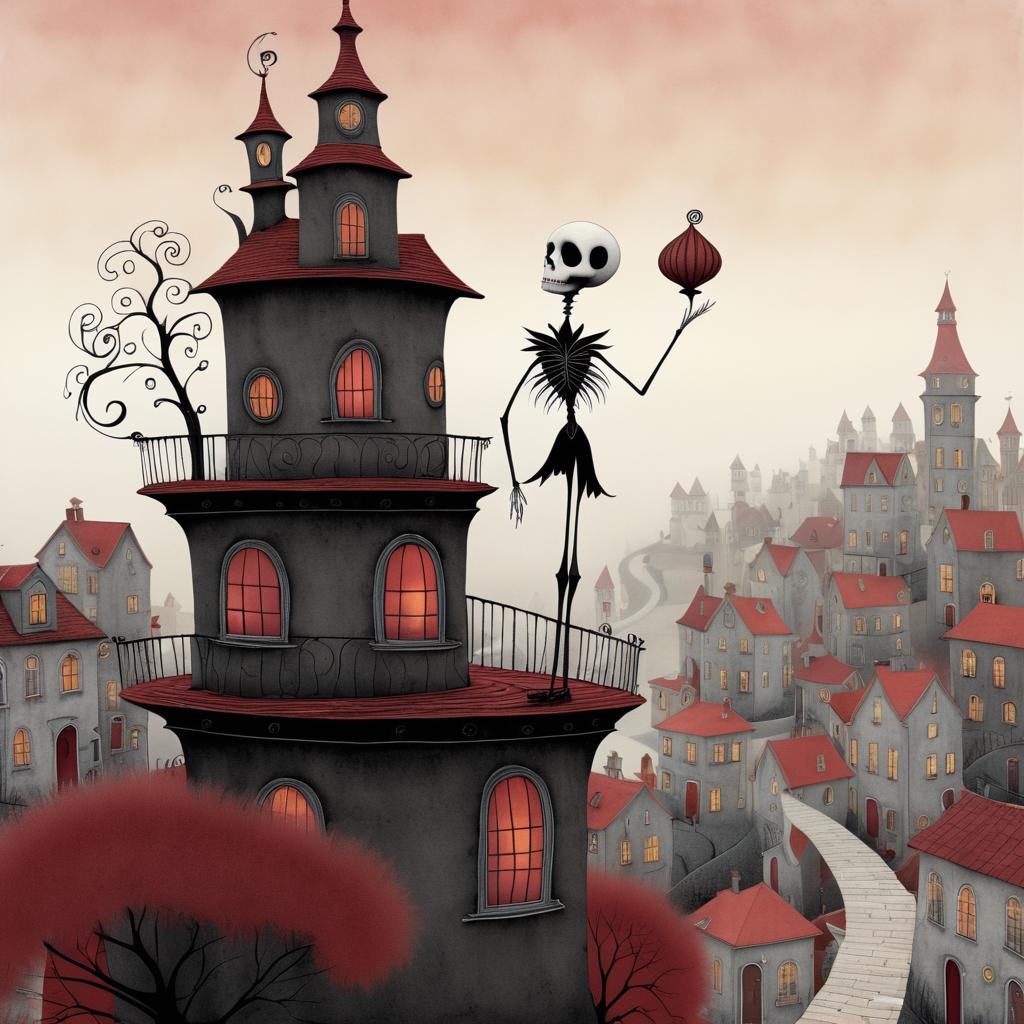 Quirky Skeleton in a Tim Burton-esque Village