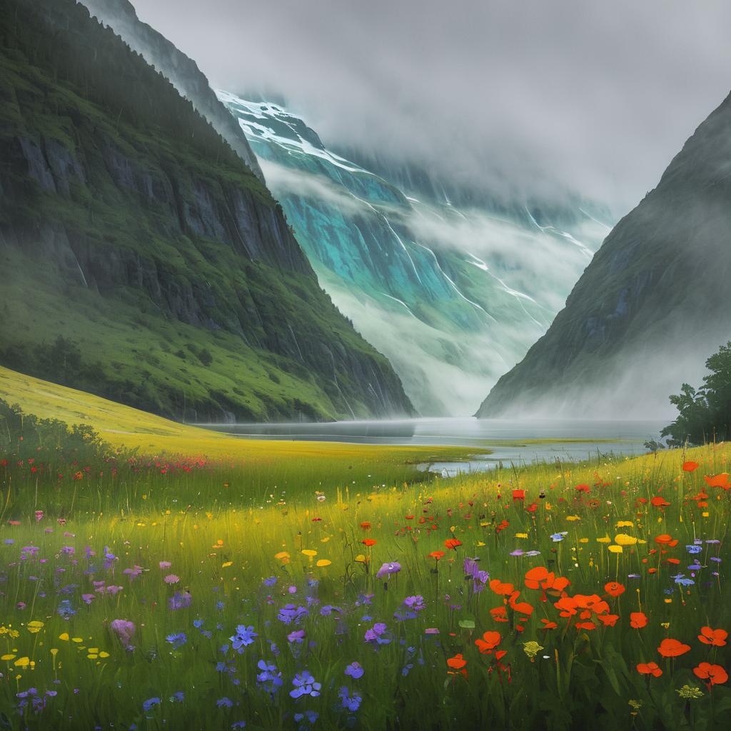 Vibrant Meadows in a Misty Fjord