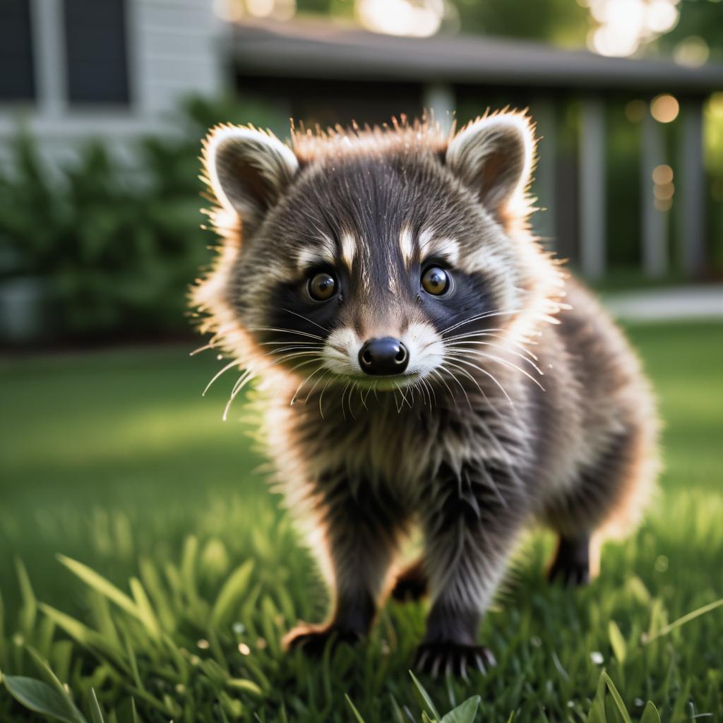 Cinematic Baby Raccoon in Backyard