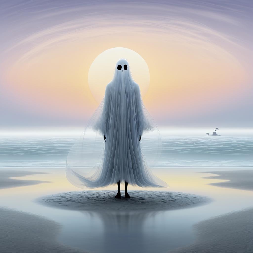 Whimsical Ghost on Foggy Beach at Sunrise