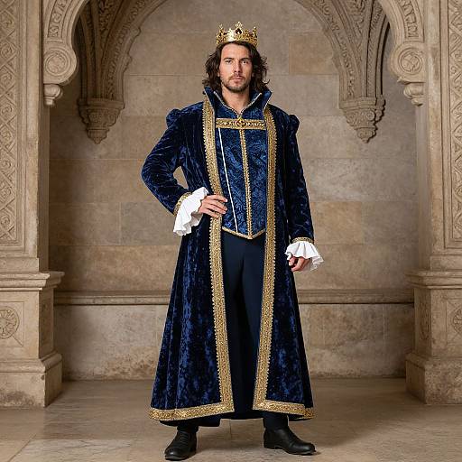 Photograph of a bearded man with shoulder-length brown hair, wearing a royal blue velvet robe with gold trim, white cuffs, black pants, black