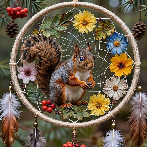 Photograph of a cute, bushy-tailed squirrel perched on a dreamcatcher adorned with colorful flowers, feathers, and berries, set against