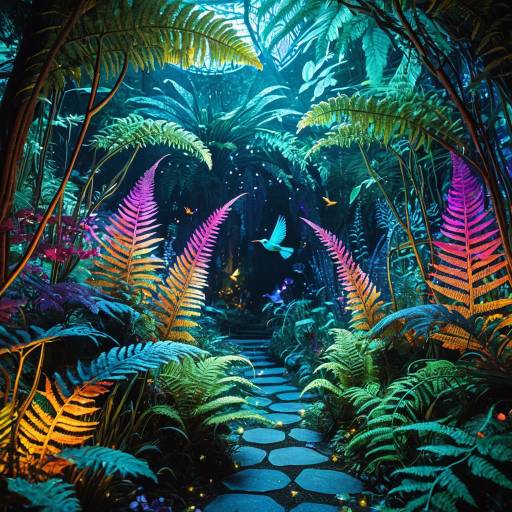Mythical Garden with Glowing Crystal Ferns and Neon Fantasy Birds