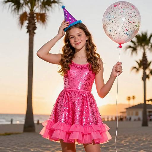 Photograph of a smiling young girl with wavy brown hair, wearing a pink sequin dress and blue polka-dot party hat, holding a white