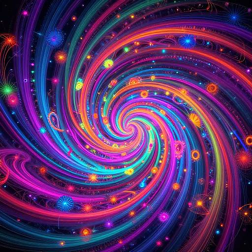 Vibrant digital artwork of a swirling galaxy with neon pink, blue, orange, and green spirals, dotted with colorful stars and cosmic particles against