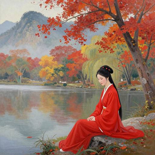 East Asian woman in vibrant red kimono sits by autumn lake, reflecting colorful trees and misty mountains, traditional painting style.