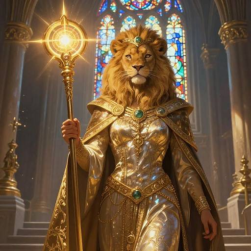Digital art of a regal lion-human hybrid in golden armor, holding a glowing staff, standing before a vibrant stained glass window.