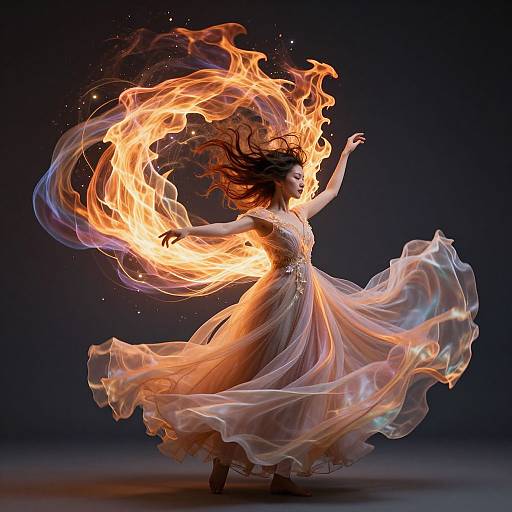 Photorealistic digital art of a dancing woman in a flowing, translucent dress, surrounded by swirling orange and blue flames against a dark background.