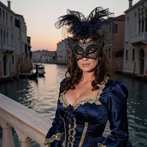 Photograph of a woman in a black lace masquerade mask and feathered headpiece, wearing a navy blue corset with gold trim, standing