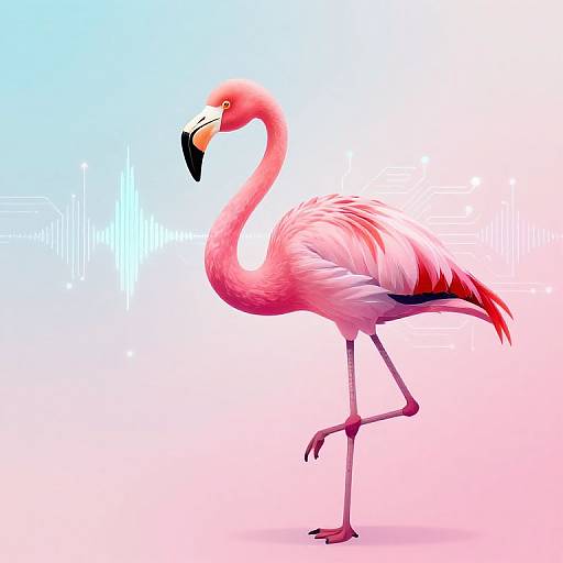 Digital illustration of a pink flamingo with a black-tipped beak, standing on one leg against a gradient blue to pink background.