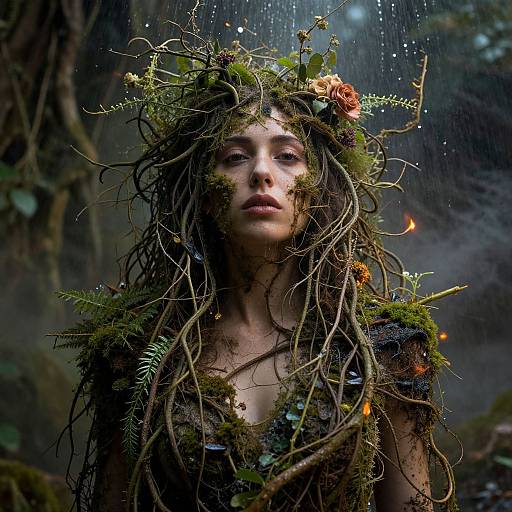 Photograph of a mysterious woman with tangled, vine-like hair adorned with moss and flowers, wearing a leafy, nature-inspired costume, standing in a