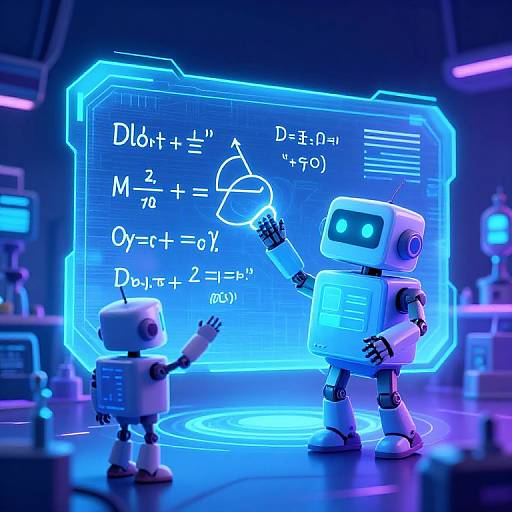 Neon-lit digital illustration of two robotic figures teaching and explaining mathematical equations on a glowing blue holographic screen.