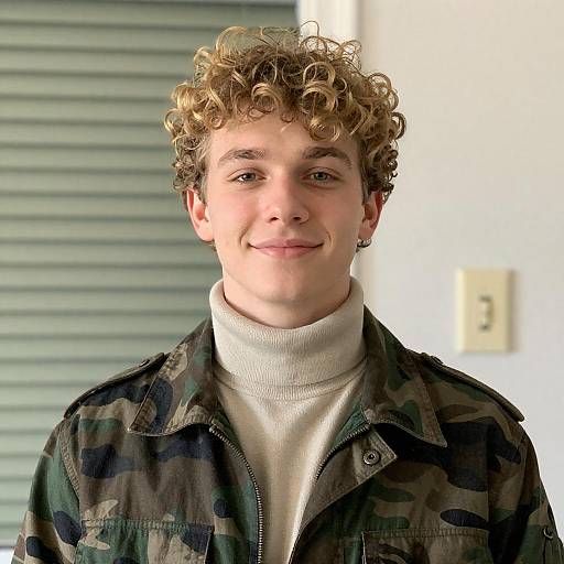Young man in camouflage jacket smiling