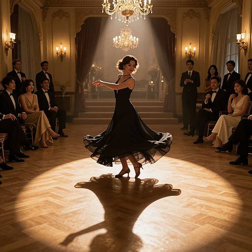Photograph of a dancing woman in a black flared dress, spotlighted in an elegant, ornate ballroom with chandeliers, seated audience