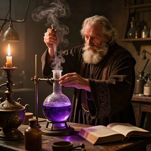 Photograph of an elderly bearded man in a dark robe, pouring a blue liquid into a glass flask, illuminated by a candle, with an open