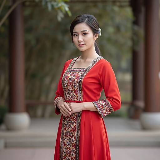 Photograph of an Asian woman with fair skin, black hair in a bun, wearing a red traditional dress with intricate embroidery, standing outdoors against a blurred