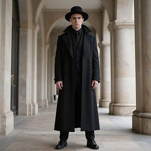 Photograph of a serious young man in a long black overcoat, black hat, and shoes, standing in a stone colonnade.