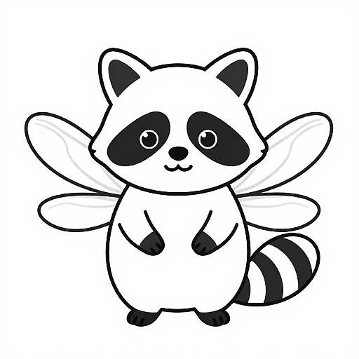 Cute, black-and-white digital drawing of a cartoon raccoon with large eyes, black mask, and striped tail, standing with arms raised.