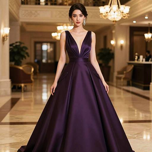 Photograph of a beautiful woman in a deep purple, sleeveless, V-neck ball gown, standing in an elegant, warmly lit ballroom with ch