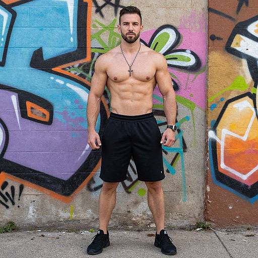 Confident Muscular Man with Urban Graffiti