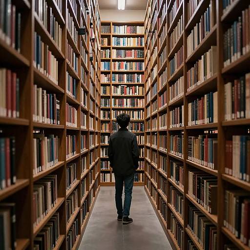 Photograph of a person in a black hoodie and jeans, standing in the center of a long library aisle, surrounded by tall wooden bookshelves filled