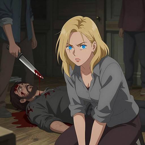 Blonde Woman with Intense Expression in Dimly Lit Room