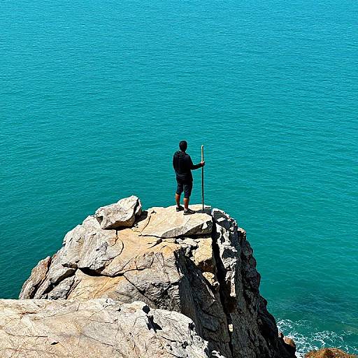 Photograph: Man in black shirt and shorts stands on rocky cliff, holding hiking pole, overlooking vibrant blue ocean under bright sunlight.