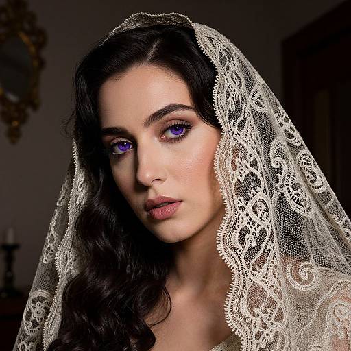 Photograph of a beautiful woman with striking purple eyes, wearing a delicate white lace veil over her long, dark wavy hair, against a dimly