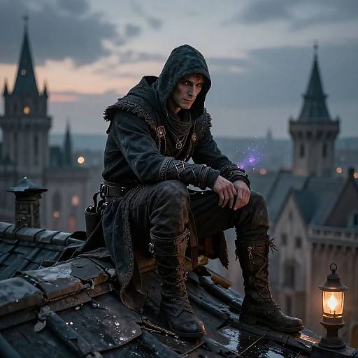 Digital artwork of a hooded, fantasy warrior sitting on a rooftop at dusk, surrounded by medieval buildings and a glowing lantern.