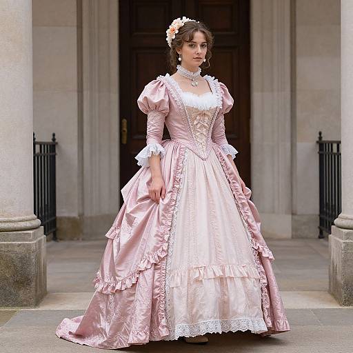 Photograph of a young woman in a pink, Victorian-style, lace-trimmed gown with puffed sleeves, standing in front of a grand,