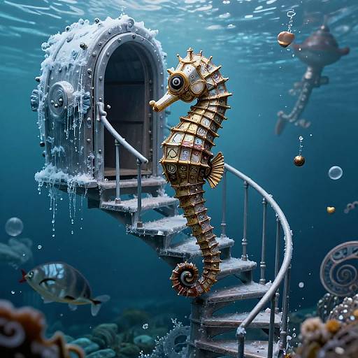 Photorealistic CGI: Steampunk seahorse on spiral metal staircase, surrounded by bubbles, fish, and coral, underwater, with an ar