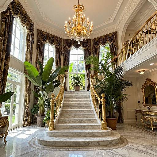Elegant foyer with grand chandelier, marble staircase, gold railings, lush plants, large windows, and luxurious dark curtains. Photograph.