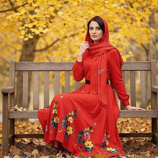 Photograph of a fair-skinned woman with dark hair, wearing a red dress and headscarf, sitting on a wooden bench in an autumn forest