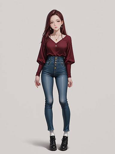 Woman in burgundy top and high-waisted jeans