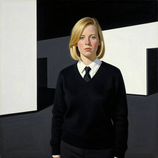 Photograph of a blonde woman with shoulder-length hair, wearing a black sweater over a white shirt and black tie, standing against a stark black and white