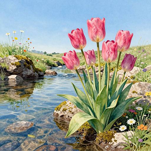 Photograph of vibrant pink tulips beside a clear, rocky stream, surrounded by green grass and colorful wildflowers under a bright blue sky.