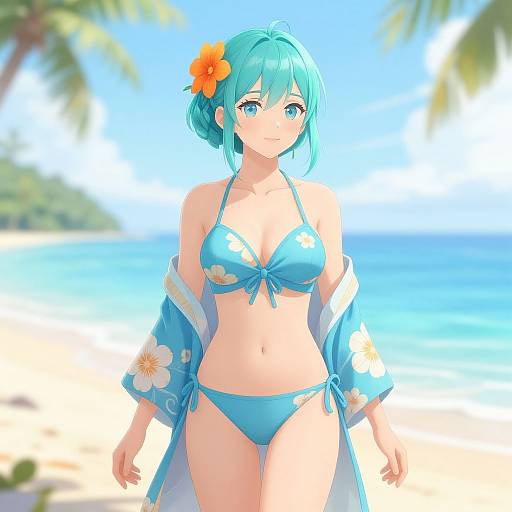 Digital anime-style drawing of a teal-haired woman with an orange flower in her hair, wearing a blue floral bikini and open kimono, standing on a