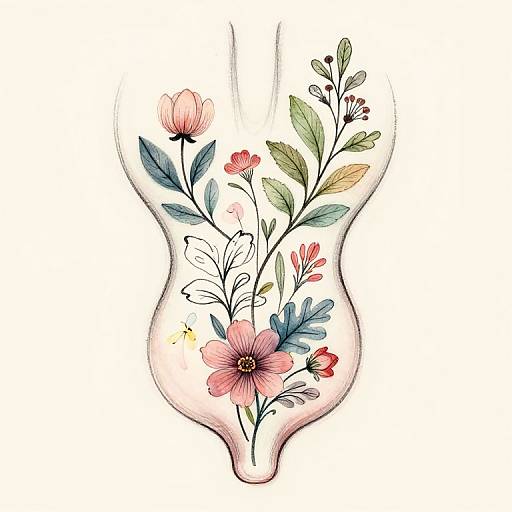 Watercolor floral tattoo design on a human spine shape, featuring pink, red, and blue flowers with green leaves, set against a white background.