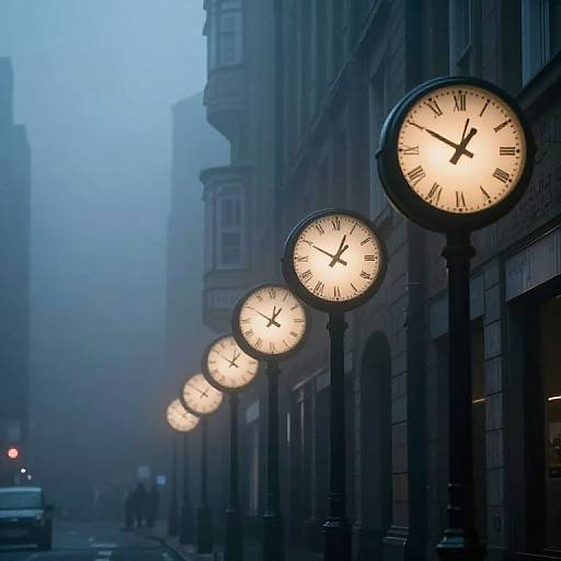 Photograph of a foggy urban street at dusk with a row of illuminated clock streetlights on a building's side.