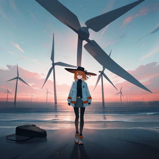 Girl Standing Near Wind Turbines at Sunset