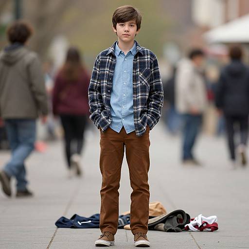 Photograph of a young boy with brown hair, wearing a blue plaid shirt, light blue button-up, brown pants, and white shoes, standing
