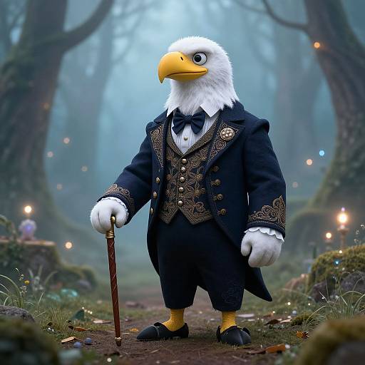 Photorealistic CGI of an anthropomorphic bald eagle in a Victorian-style black suit with gold embroidery, holding a wooden cane, standing in a misty