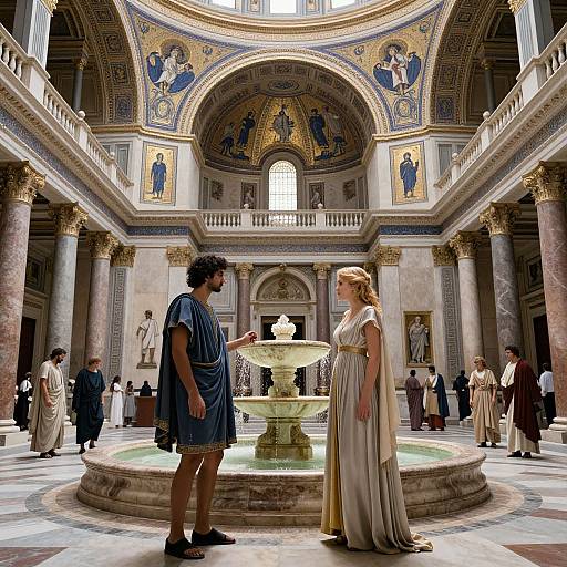 Photograph of a grand, ornate cathedral interior with a central fountain. A bearded man in a blue toga stands facing a blonde woman in