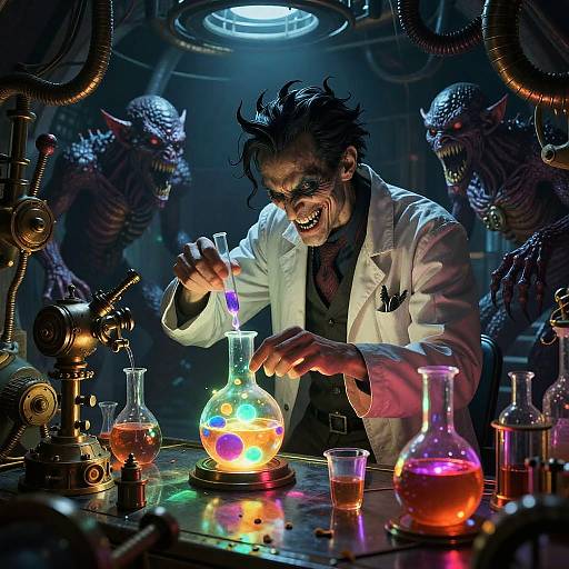 Mad scientist with wild hair, white lab coat, grinning maniacally, mixes glowing liquid in dark, steampunk lab with eerie, skeletal