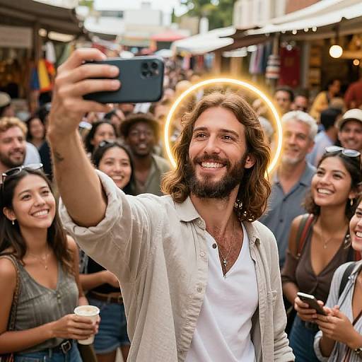 Photograph of a bearded, long-haired man with a glowing halo, taking a selfie in a crowded, sunlit market, smiling widely.