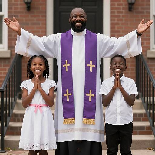 Smiling Priest with Two Children Praying Outdoors