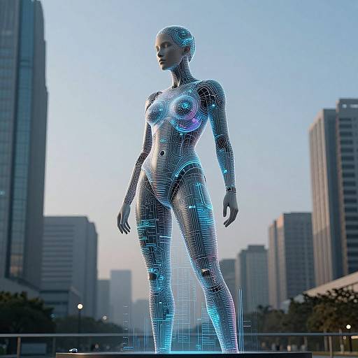 Photorealistic CGI of a glowing, blue-lit, futuristic female robot with detailed circuit patterns, standing in a cityscape with tall buildings.